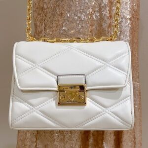 Michael Kors Serena Quilted Leather Shoulder Crossbody Bag In White Gold accents